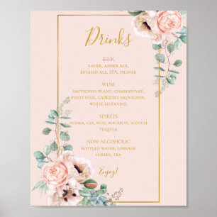 Elegant Blush Floral   Pastel Wedding Drinks Menu Poster