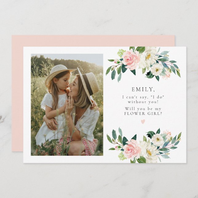Elegant Blush Floral Photo Flower Girl Proposal Invitation (Front/Back)