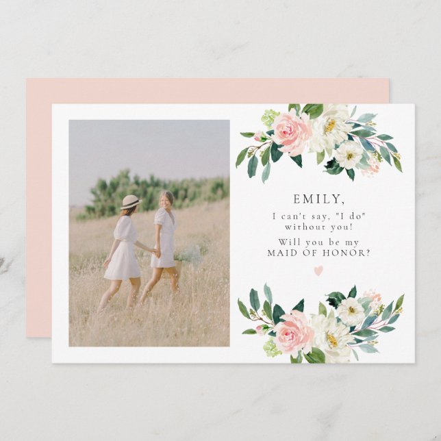 Elegant Blush Floral Photo Maid of Honour Proposal Invitation (Front/Back)