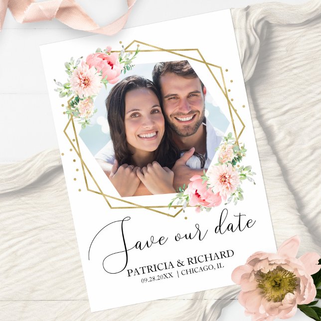 Elegant Blush Floral Photo Save the Date Wedding Postcard (Creator Uploaded)
