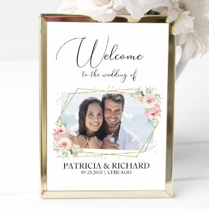 Elegant Blush Floral  Photo Wedding Welcome Sign