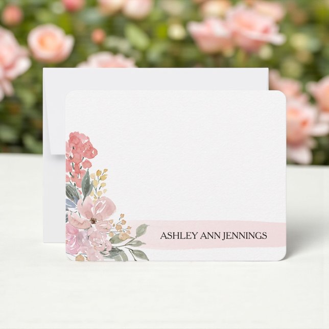 Elegant Blush Floral Pink Personalized Card (Blush floral watercolor personalized notecard with elegant bouquet)