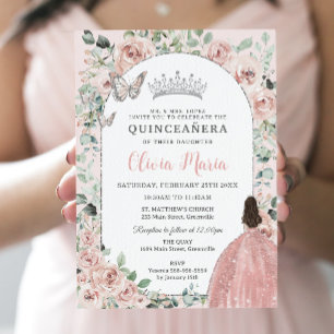 Elegant Blush Floral Princess Silver Quinceañera Invitation