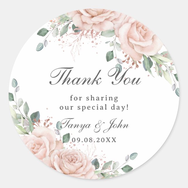 Elegant Blush Floral Rose Gold Wedding Bridal Classic Round Sticker (Front)