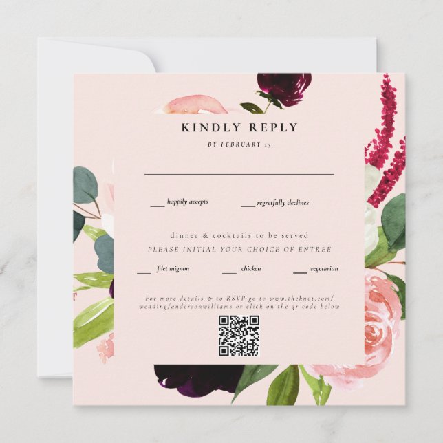 Elegant Blush Floral Square Wedding QR Code RSVP (Front)