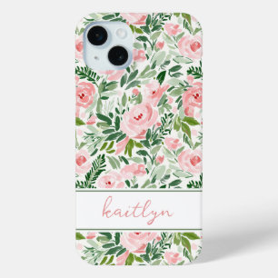 Elegant Blush Floral Watercolor Personalised iPhone 15 Mini Case