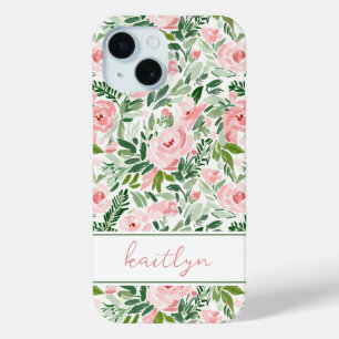 Elegant Blush Floral Watercolor Personalised iPhone 15 Case