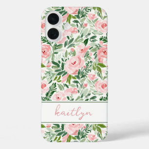 Elegant Blush Floral Watercolor Personalised iPhone 16 Plus Case