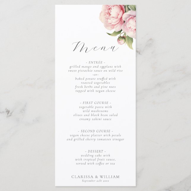 Elegant Blush Floral Watercolor Script Wedding Menu (Front)
