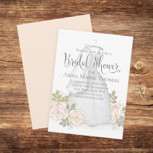 Elegant Blush Floral Wedding Dress Bridal Shower Invitation (Creator Uploaded)