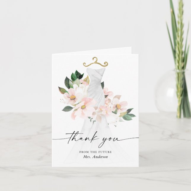 Elegant Blush Floral Wedding Dress Thank You Card (Front)