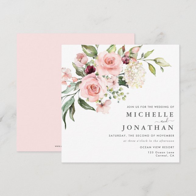 Elegant Blush Floral Wedding Invitation (Front/Back)