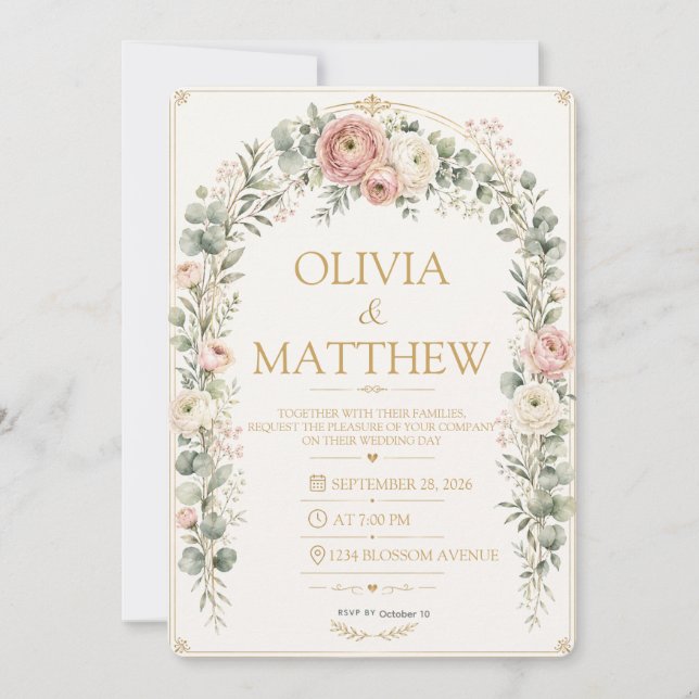 Elegant Blush Floral Wedding Invitation (Front)