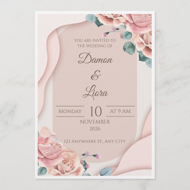 Elegant Blush Floral Wedding Invitation Template (Front)