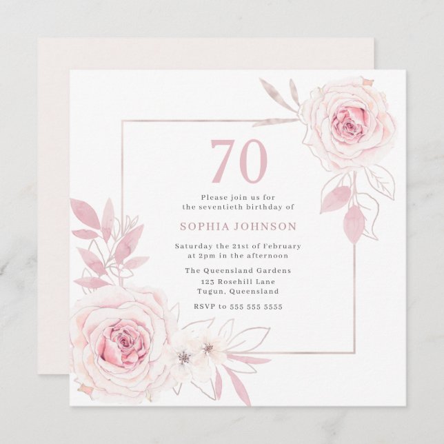 Elegant Blush Floral Wreath Frame 70th Birthday Invitation (Front/Back)