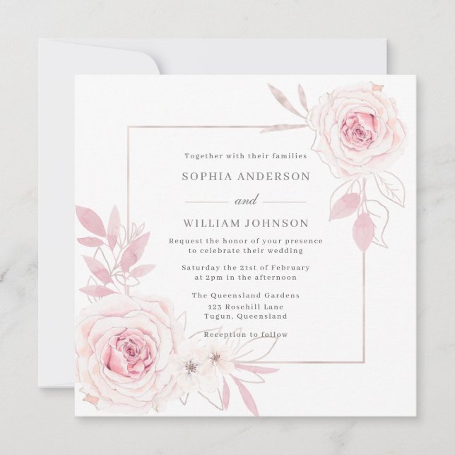 Elegant Blush Floral Wreath with Frame Wedding Invitation (Front)
