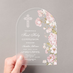 Elegant Blush Flowers Arch First Communion Acrylic Invitations