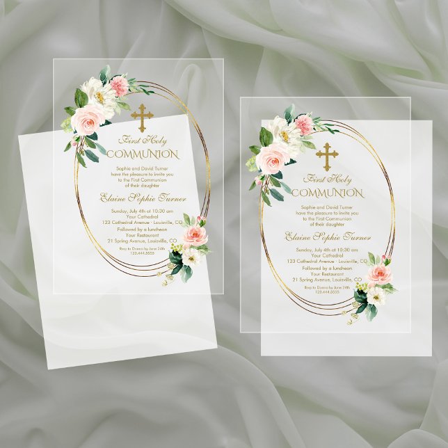 Elegant Blush Flowers Gold First Holy Communion Acrylic Invitations (Creator Uploaded)