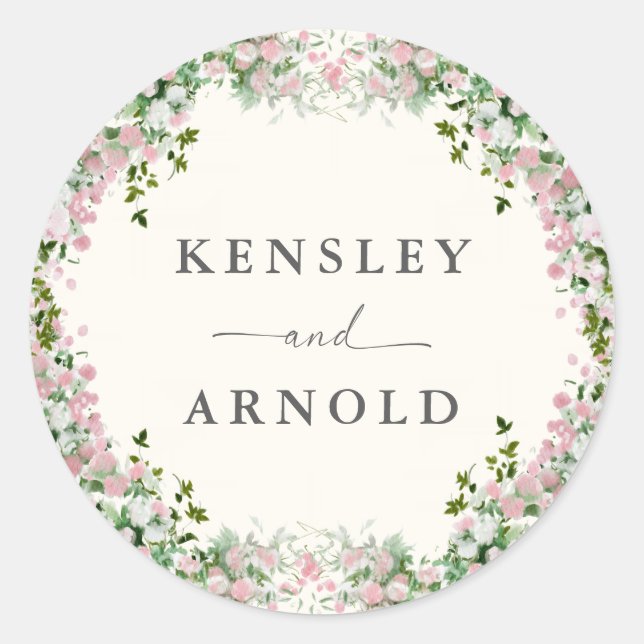 Elegant Blush Garden Wedding Classic Round Sticker (Front)