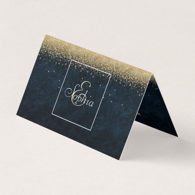 Elegant blush gold and blue simple confetti design business card (Front)