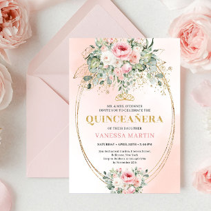 Elegant Blush & Gold Boho Quinceañera Floral Invit Invitation