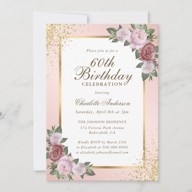 Elegant Blush Gold Confetti Floral 60th Birthday Invitation (Front)