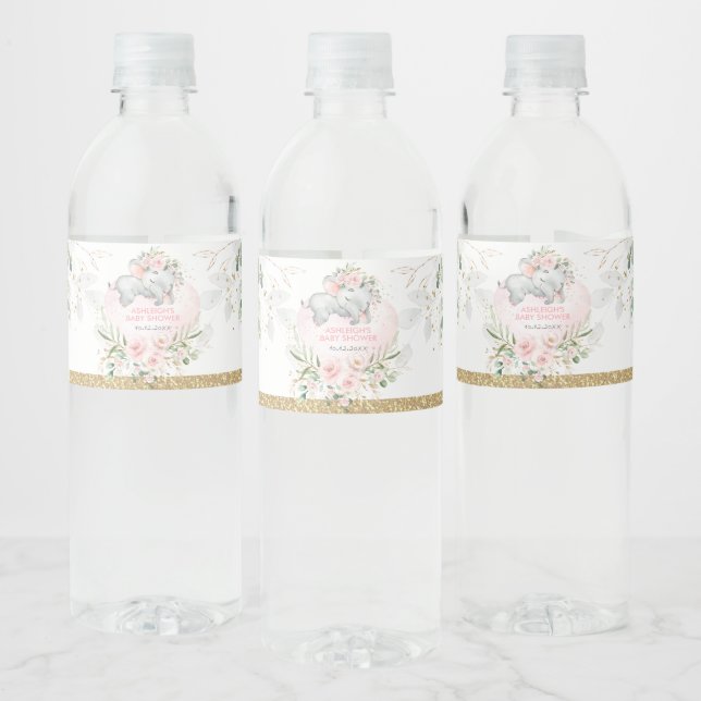 Elegant Blush Gold Floral Baby Elephant Shower Water Bottle Label (Bottles)