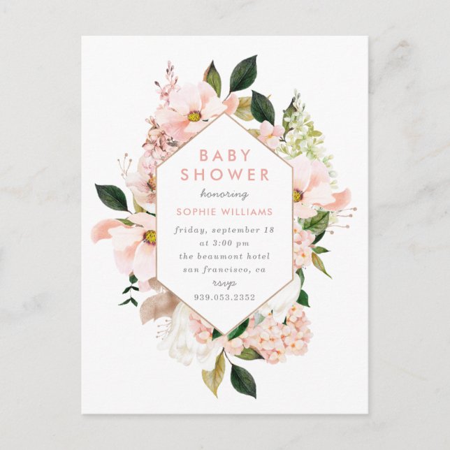 Elegant Blush & Gold Floral Baby Shower Invitation Postcard (Front)