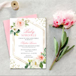 Elegant Blush Gold Floral Baby Sprinkle Brunch Invitation<br><div class="desc">Pretty and elegant blush pink floral leaves white baby sprinkle shower brunch invitation with geometric gold foil frame,  and gold glitter.</div>