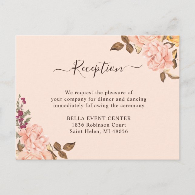 Elegant Blush Gold Floral Reception Enclosure Card (Front)