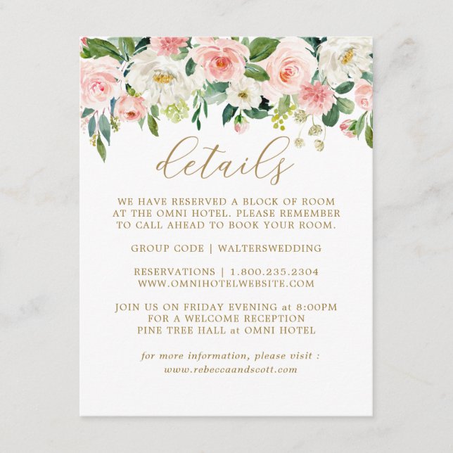 Elegant Blush Gold Floral Wedding Details Cards (Front)