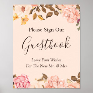 Elegant Blush Gold Floral Wedding Guestbook Sign