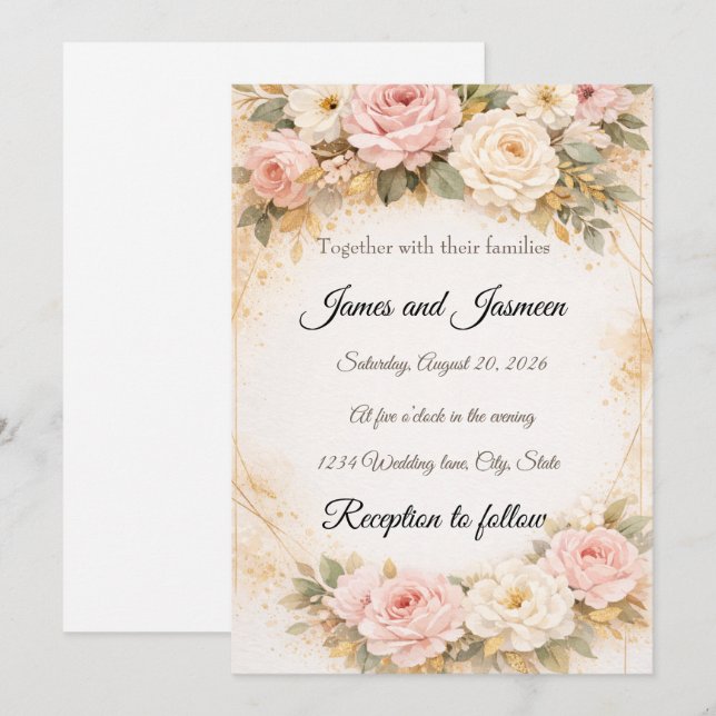 Elegant Blush & Gold Floral Wedding Invitation (Front/Back)