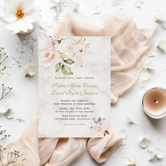 Elegant Blush Gold Flowers Monogram Wedding Invitation (Creator Uploaded)