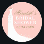 Elegant Blush Gold Gown Wedding Bridal Classic Round Sticker<br><div class="desc">Finish your wedding bridal shower favours with glamourous style using this elegant blush and gold gown round sticker. A chic white wedding gown illustration is paired with the bride's name in flowing gold script, "Bridal Shower" in bold gold typography, and the shower date on a warm blush pink background. The...</div>