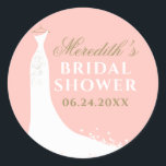Elegant Blush Gold Gown Wedding Bridal Classic Round Sticker<br><div class="desc">Finish your wedding bridal shower favours with glamourous style using this elegant blush and gold gown round sticker. A chic white wedding gown illustration is paired with the bride's name in flowing gold script, "Bridal Shower" in bold gold typography, and the shower date on a warm blush pink background. The...</div>