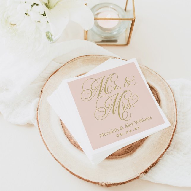 Elegant Blush Gold Mr and Mrs Script Monogram Napkin (Creator Uploaded)