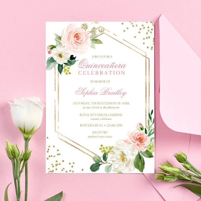 Elegant Blush Gold Pink Floral Quinceañera Invitation (Creator Uploaded)