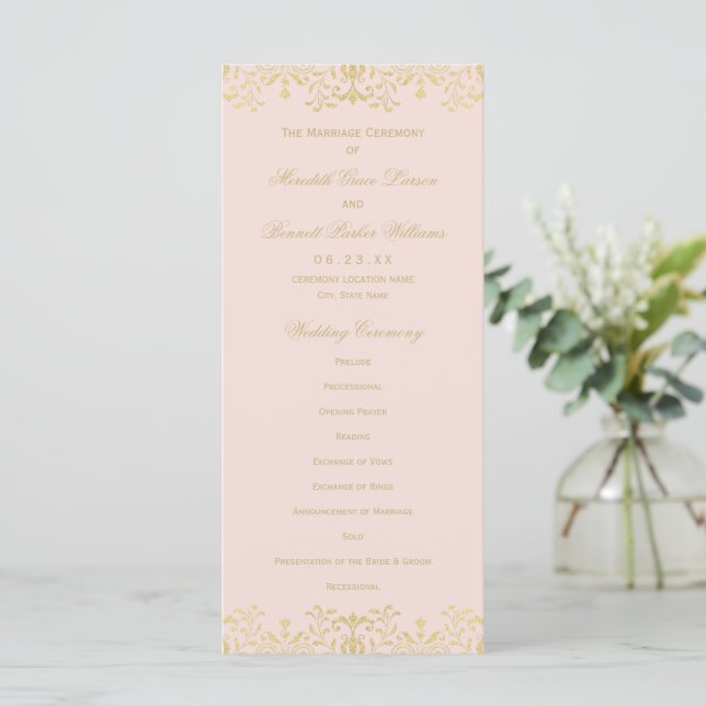 Elegant Blush Gold Vintage Glamour Wedding Programme (Standing Front)