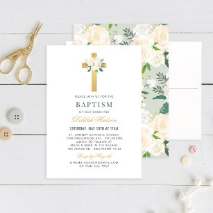 Elegant Blush Green Gold Floral Cross Girl Baptism Invitation