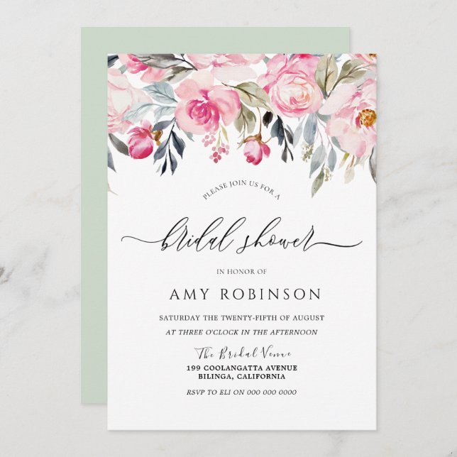 Elegant Blush & Greenery Floral Bridal Shower Invitation (Front/Back)