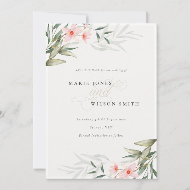 Elegant Blush Greenery Floral Save the Date Card (Front)