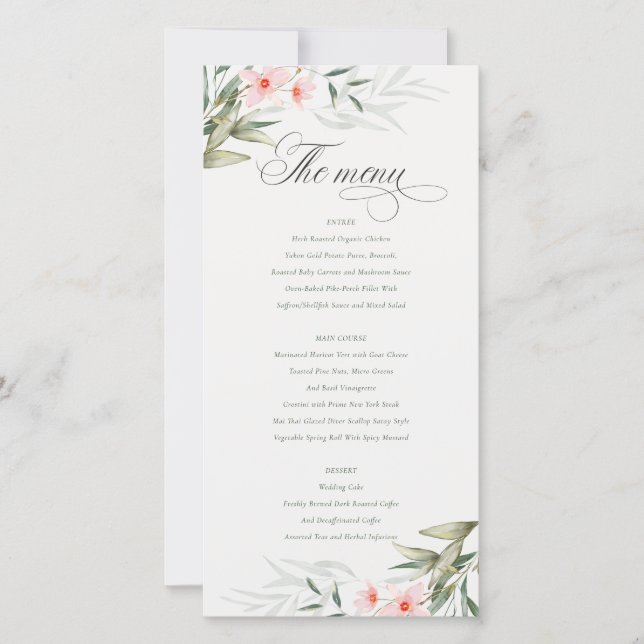 Elegant Blush Greenery Floral Wedding Menu Card (Front)