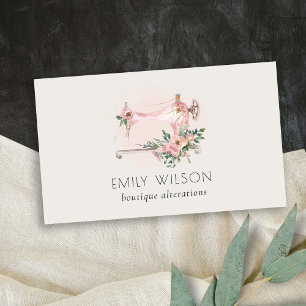 Elegant Blush Grey Sewing Machine Floral Tailor Business Card
