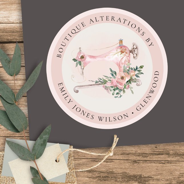 Elegant Blush Grey Sewing Machine Floral Tailor Classic Round Sticker (Creator Uploaded)