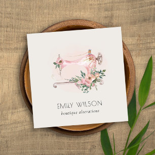 Elegant Blush Grey Sewing Machine Floral Tailor Square Business Card