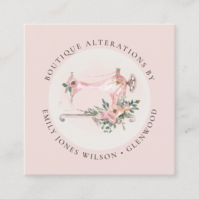 Elegant Blush Grey Sewing Machine Floral Tailor Square Business Card (Front)
