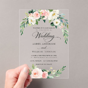 Elegant Blush Ivory Floral Wreath Wedding Acrylic Invitations