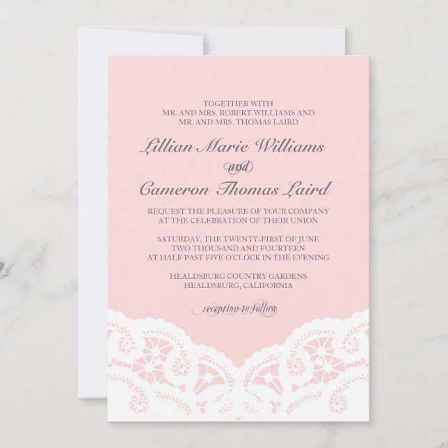 Elegant Blush Lace Wedding Invitation (Front)