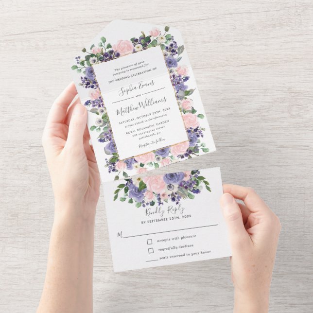 Elegant Blush & Lavender Floral Gold Wedding All In One Invitation (Tearaway)